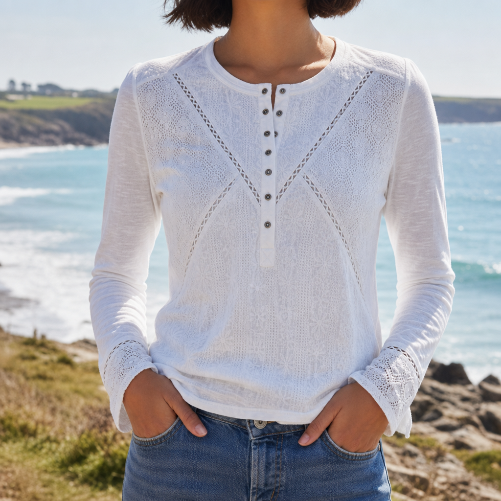 Women's Lace Panel Henley Top Cotton Blend Long Sleeve – Maribel