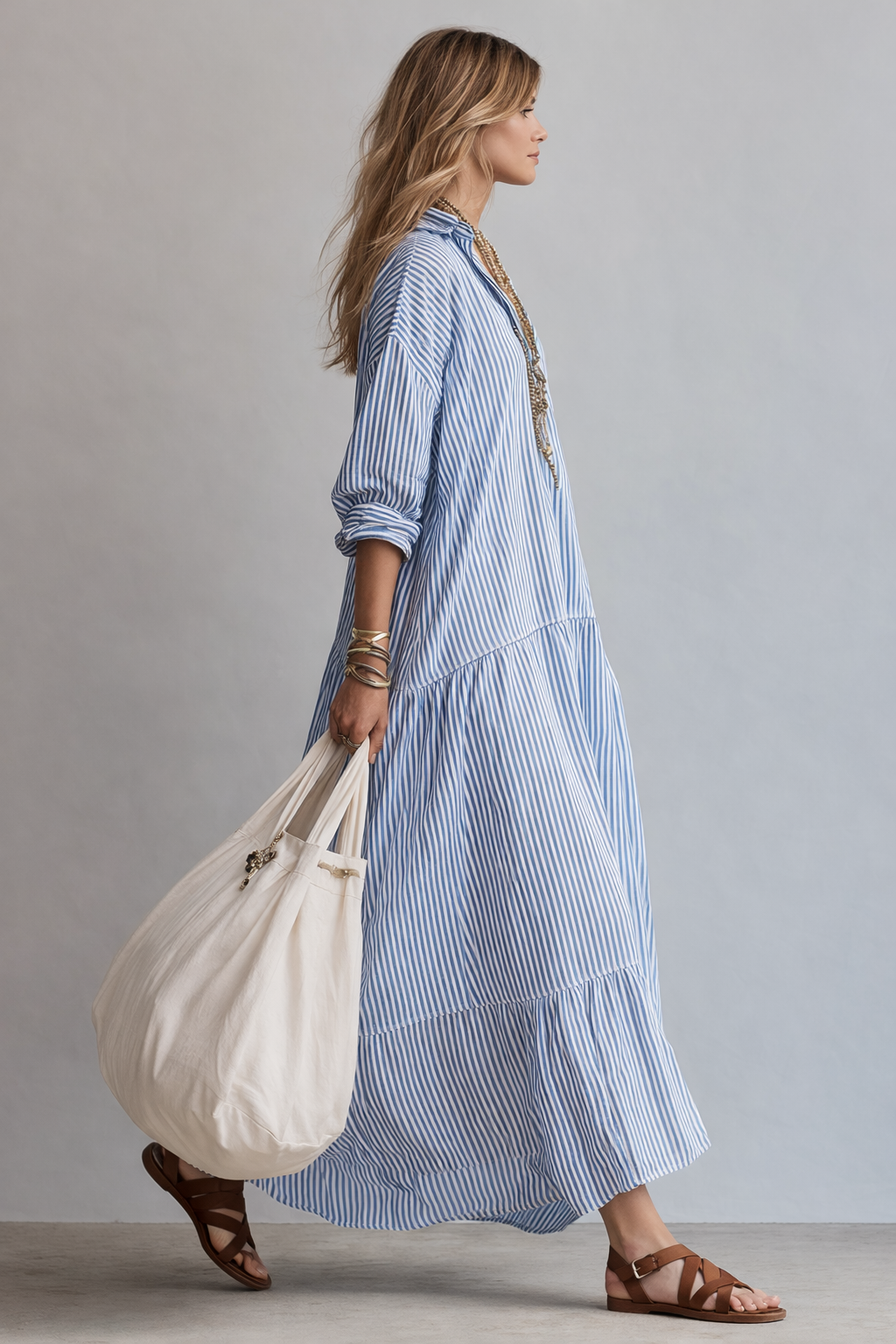 Robe maxi à rayures bleues et coupe décontractée