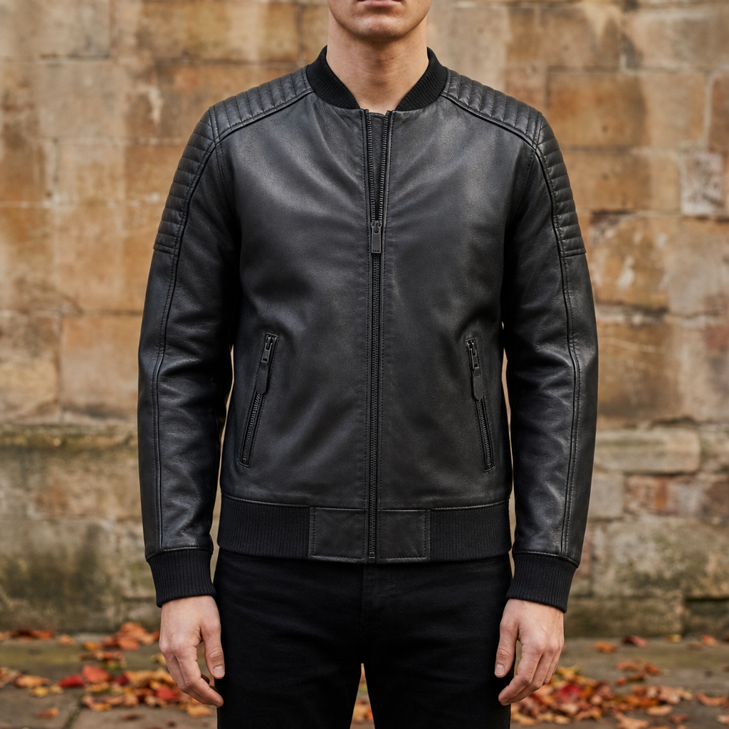 Faux Leather Shearling Lined Bomber Jacket Quilted Shoulders – Sienna