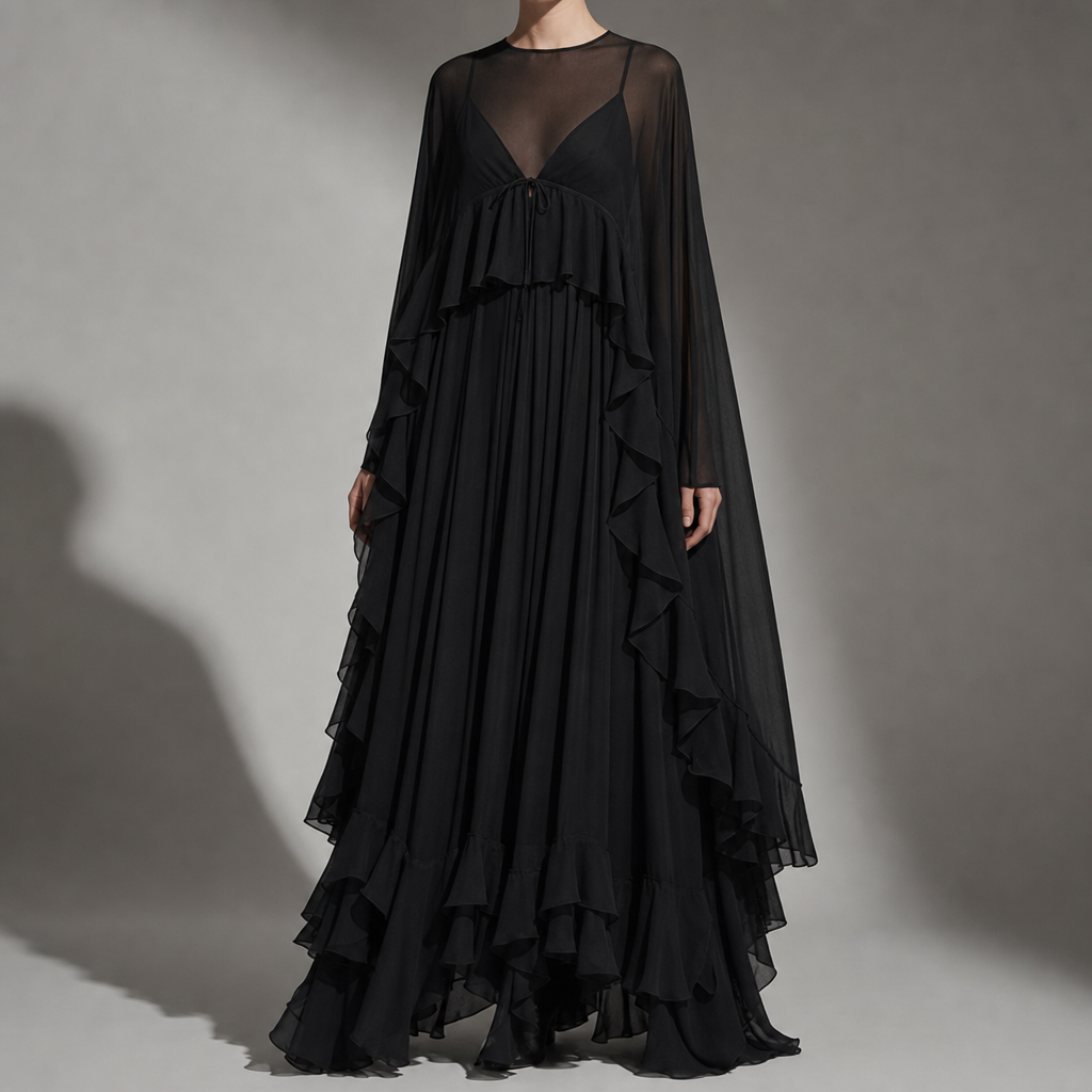 Women's Chiffon Maxi Dress Sheer Cape Overlay Relaxed Fit – Celeste