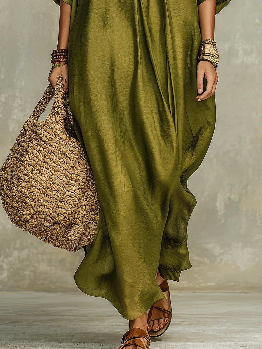 Robe maxi bohème vert olive à coupe décontractée