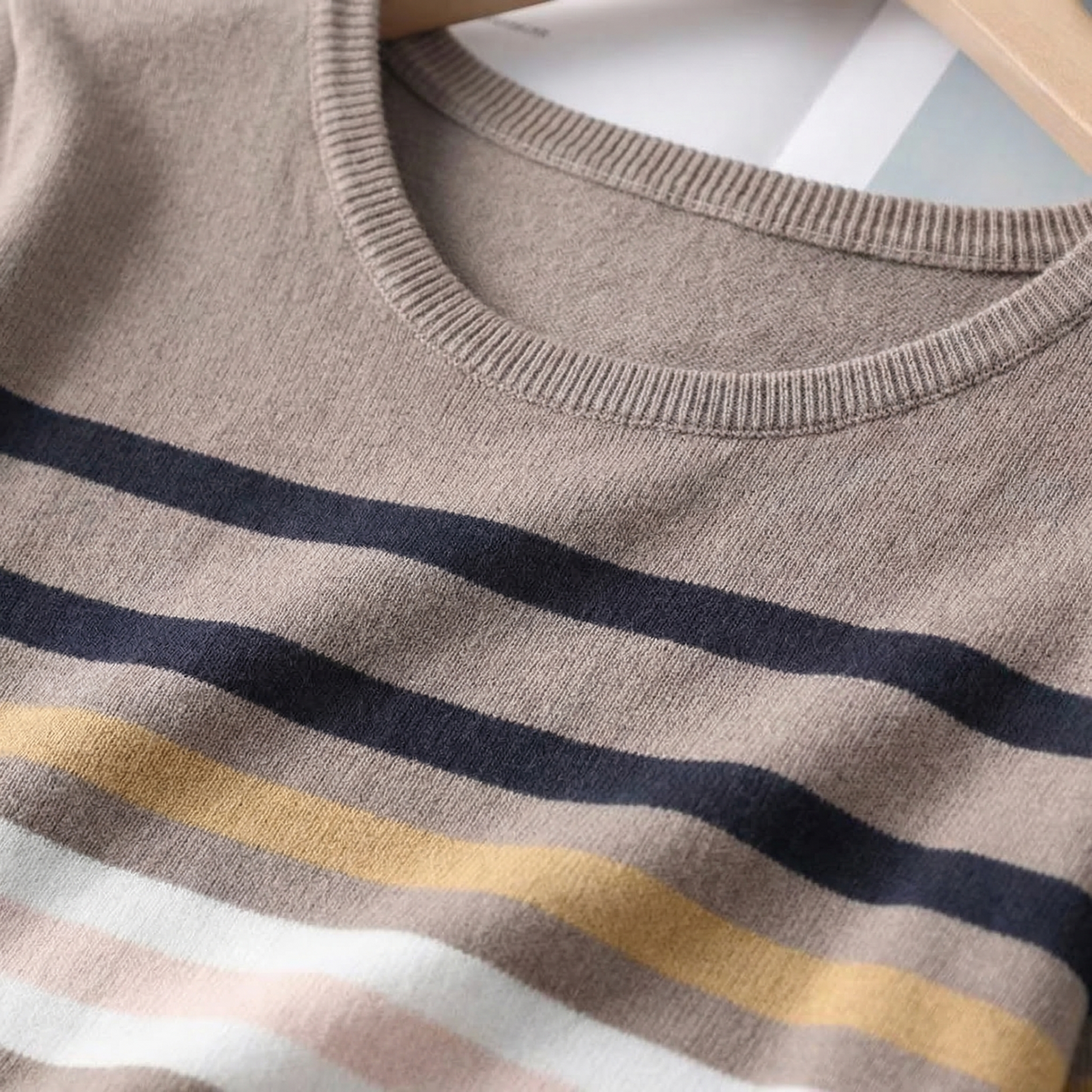 Striped Knit Sweater for Women Cotton Blend Round Neck – Elara
