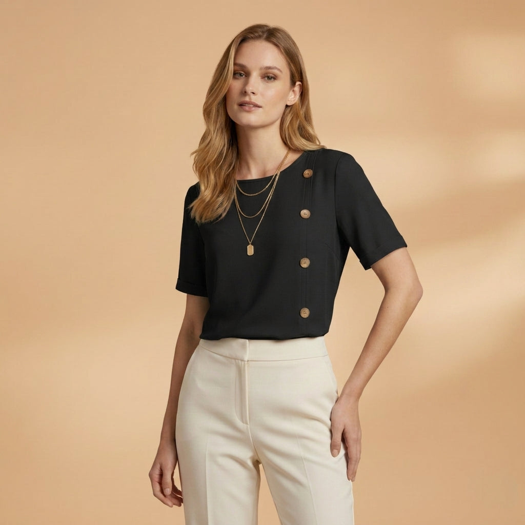 Short Sleeve Cotton Blend Blouse Relaxed Fit Side Buttons – Elara