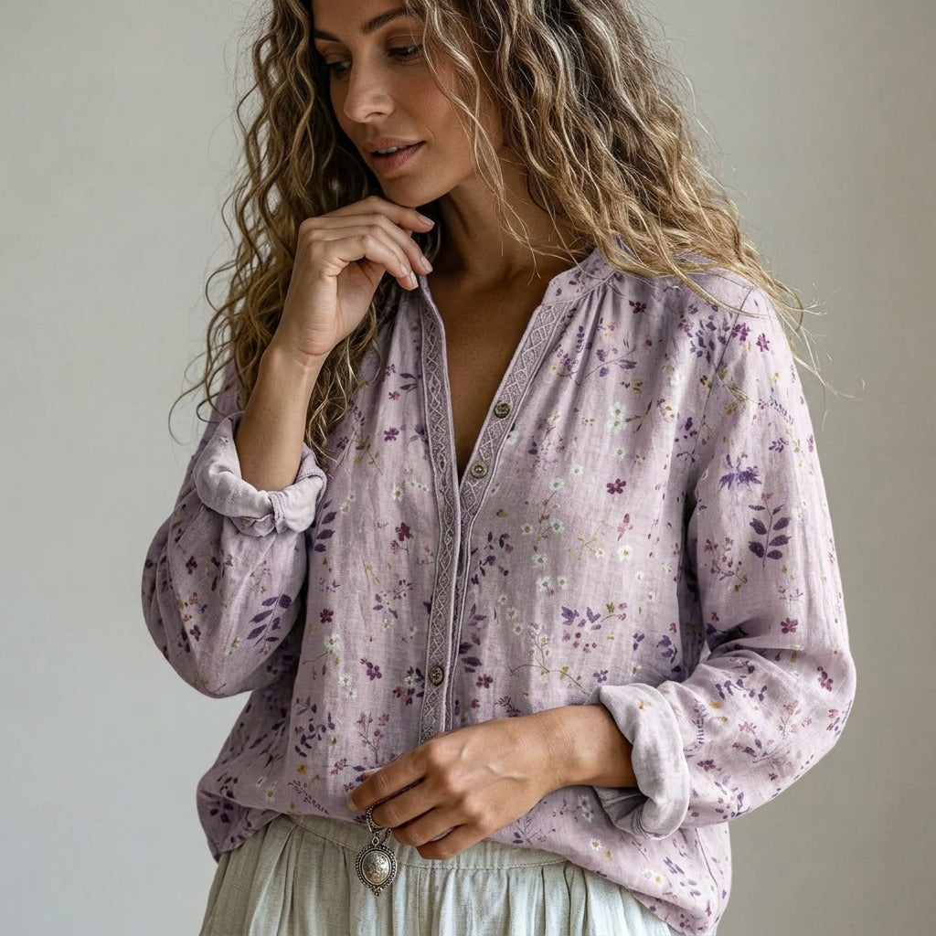 Women’s Leaf Print Cotton Blend Blouse Relaxed Fit – Elara