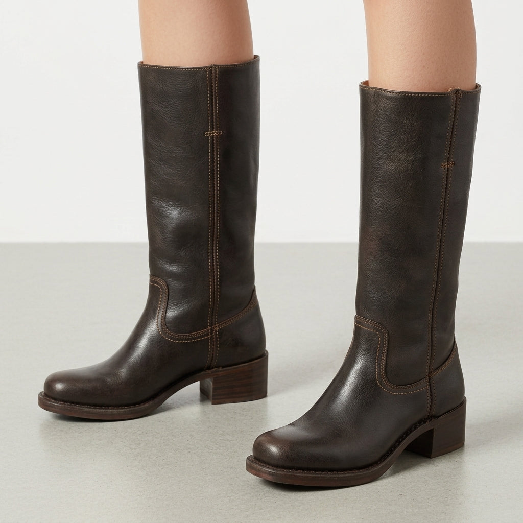 Women's Faux Leather Knee-High Stacked-Heel Boots – Elara