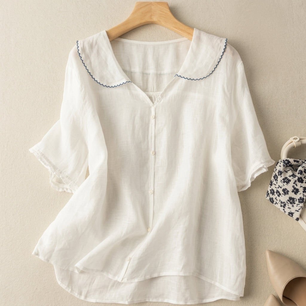 Women’s Sailor Collar Cotton Blend Blouse with Button Details – Lucia