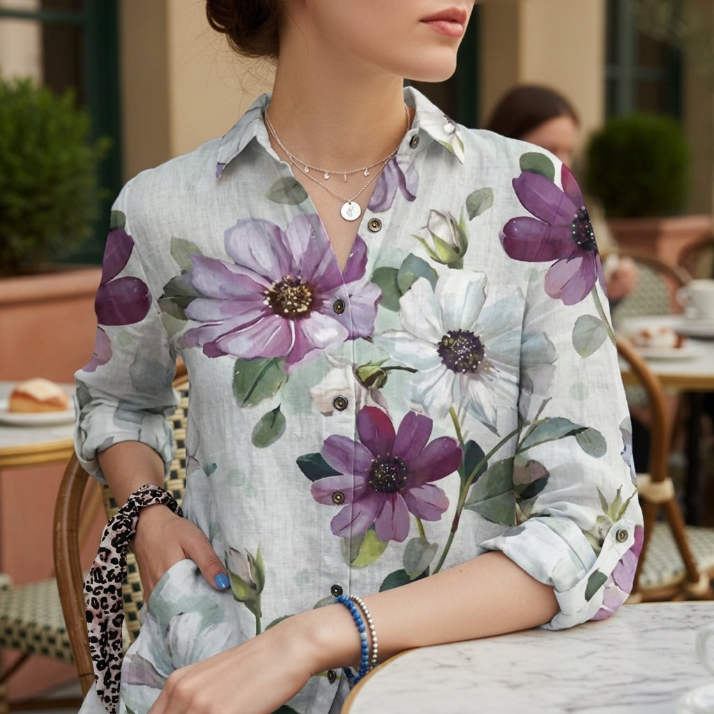 Women's Floral Button-Up Shirt Soft Fabric Classic Collar – Celeste