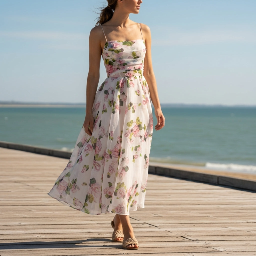 Women's Floral A-Line Midi Dress Spaghetti Strap Polyester Blend – Marielle