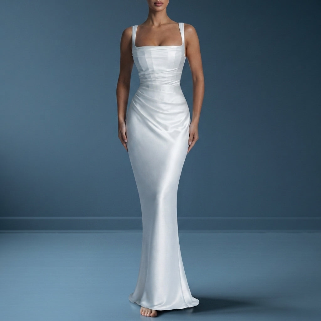 Women's Satin Maxi Dress Square Neck Ruched Style – Elara