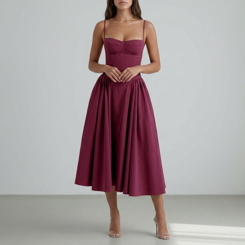 Women's Polyester Blend Midi Dress Elegant Bustier Style – Elara