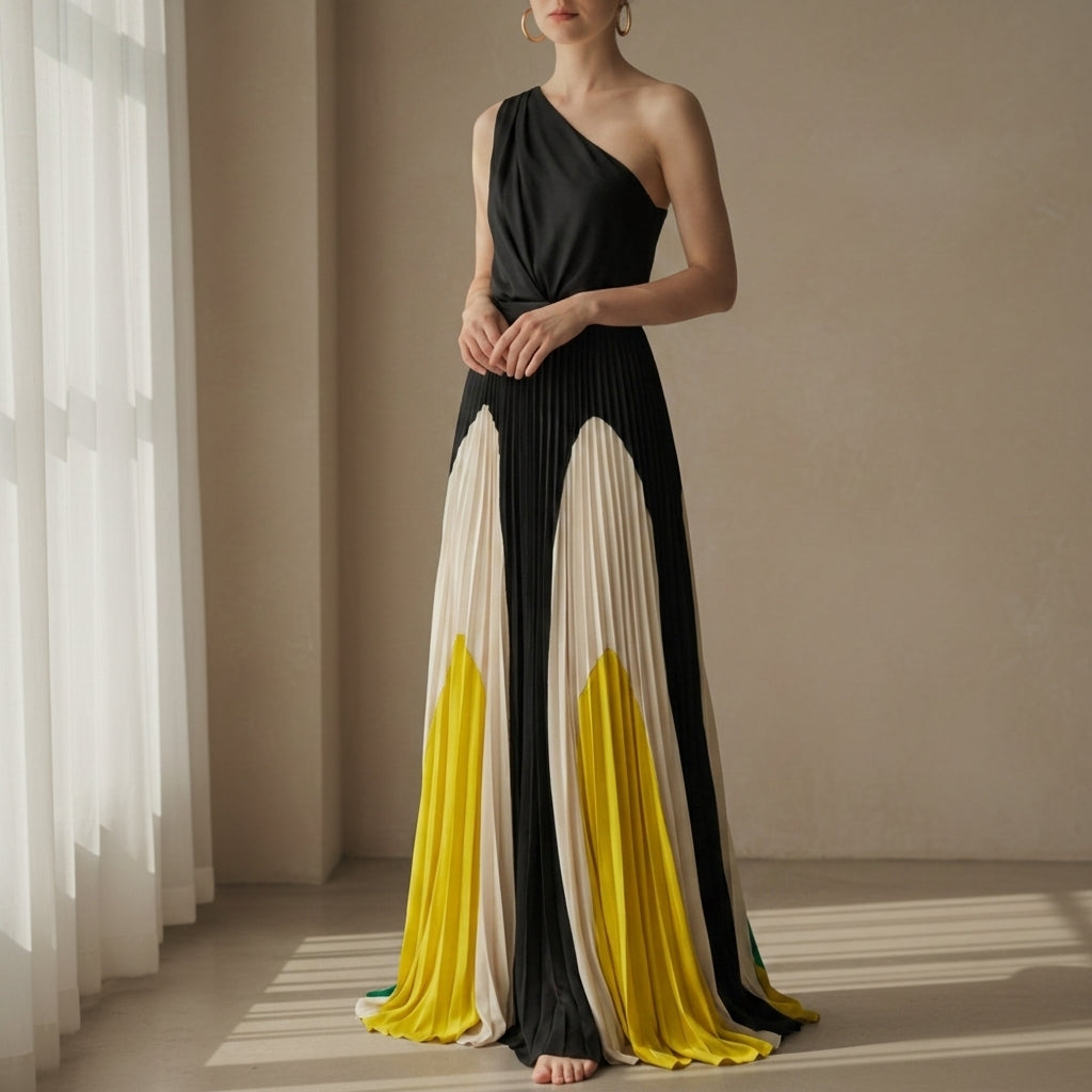 Women's One-Shoulder Pleated Maxi Dress Elegant Floor-Length – Alina