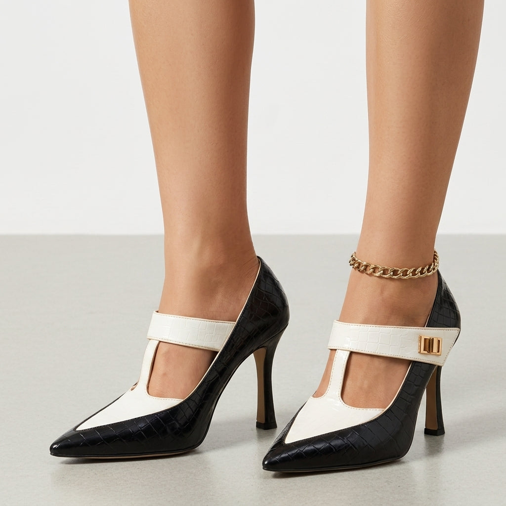 Women's Pointed Toe High Heel T-Strap Shoes Faux Patent Leather – Marielle