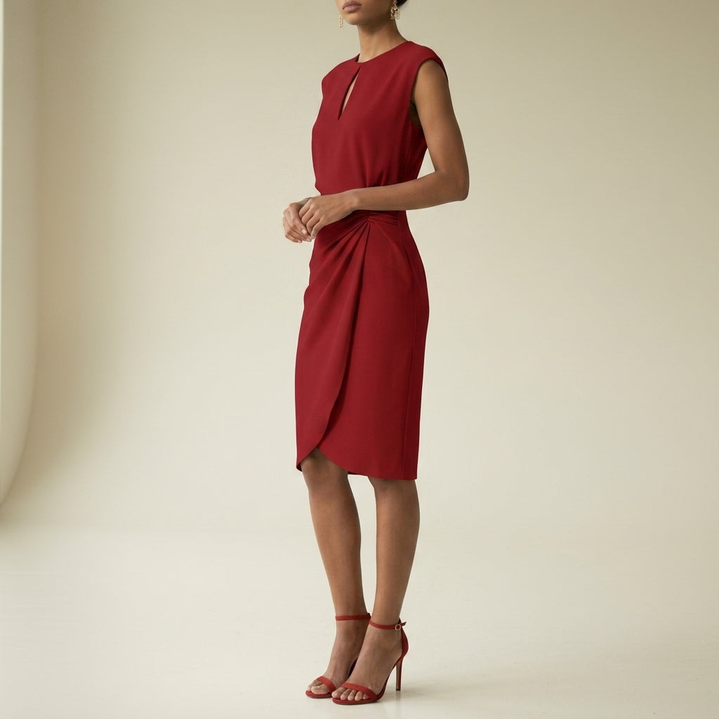 Women's Keyhole Ruched Midi Dress Polyester Blend Elegant Fit – Elara