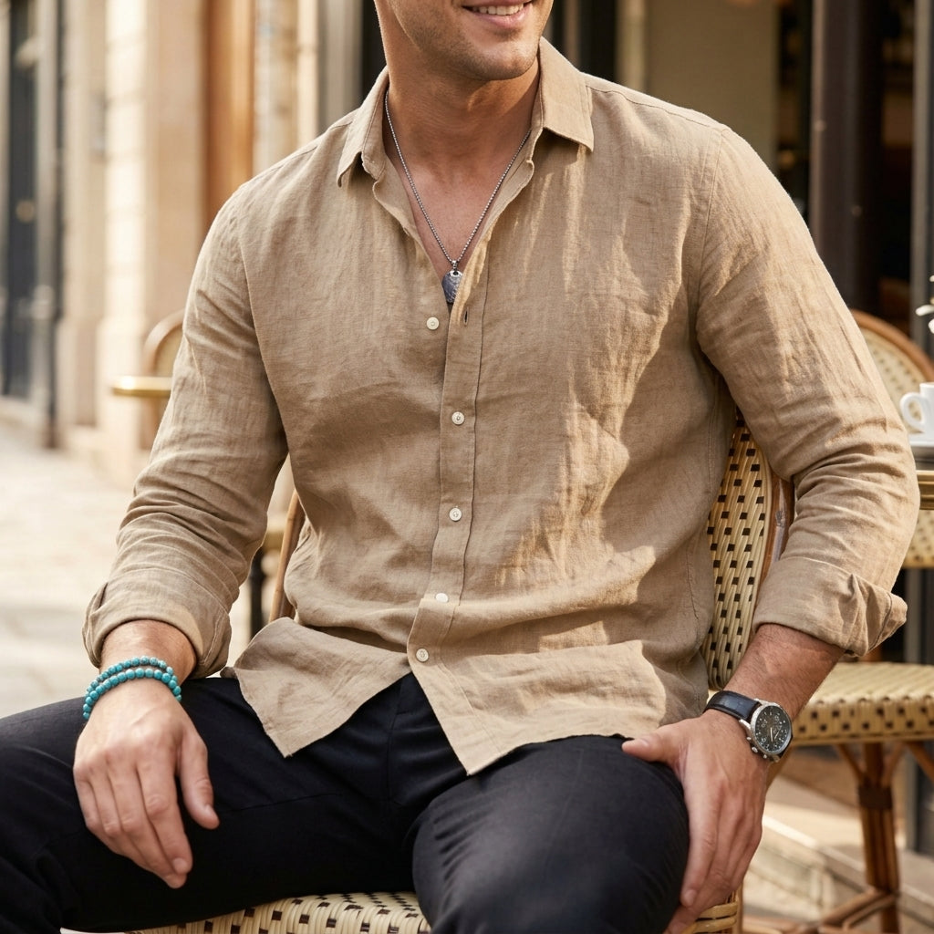 Linen Blend Button-Up Shirt Long Sleeve Casual Style – Elara