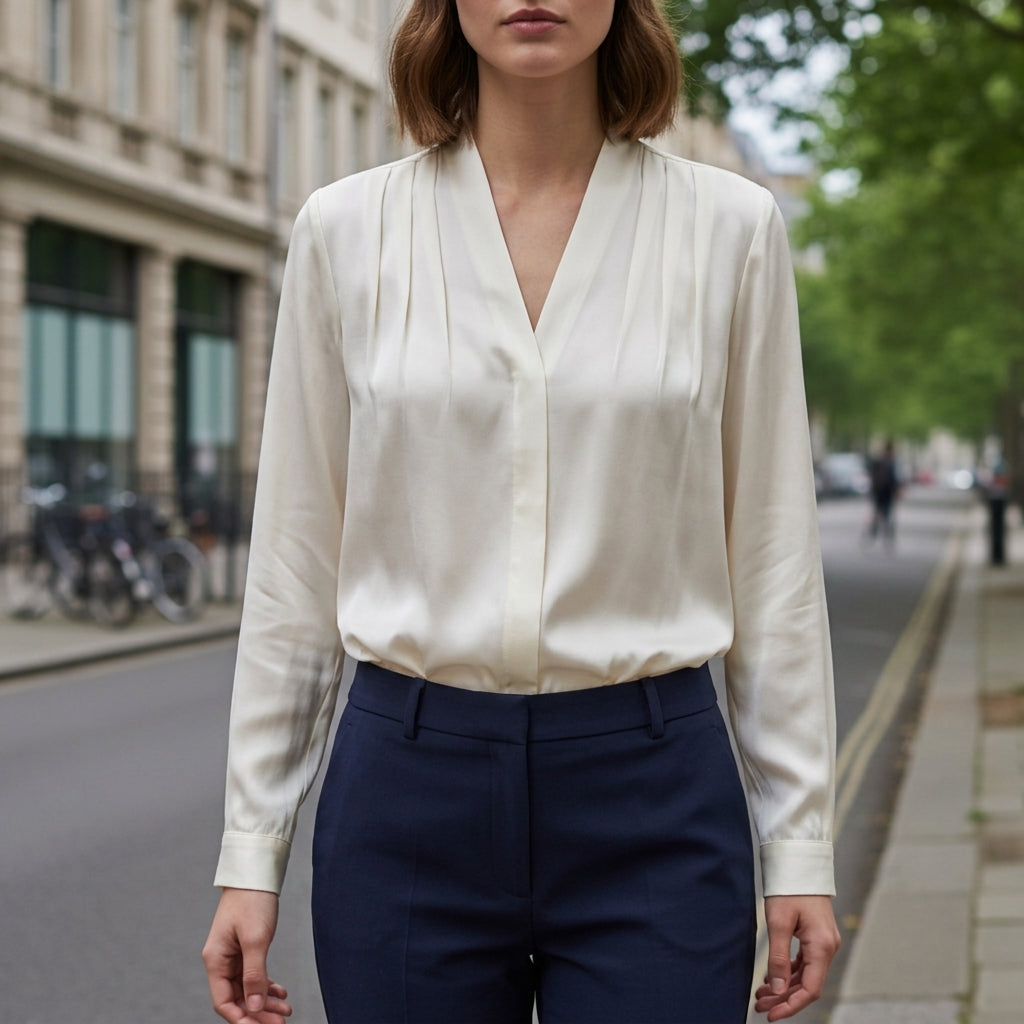 Women's Satin Blouse Pleated Cuffed Sleeves Tailored Waist – Elara