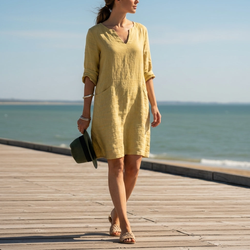 Women’s Cotton Blend V-Neck Dress Relaxed Fit – Elara
