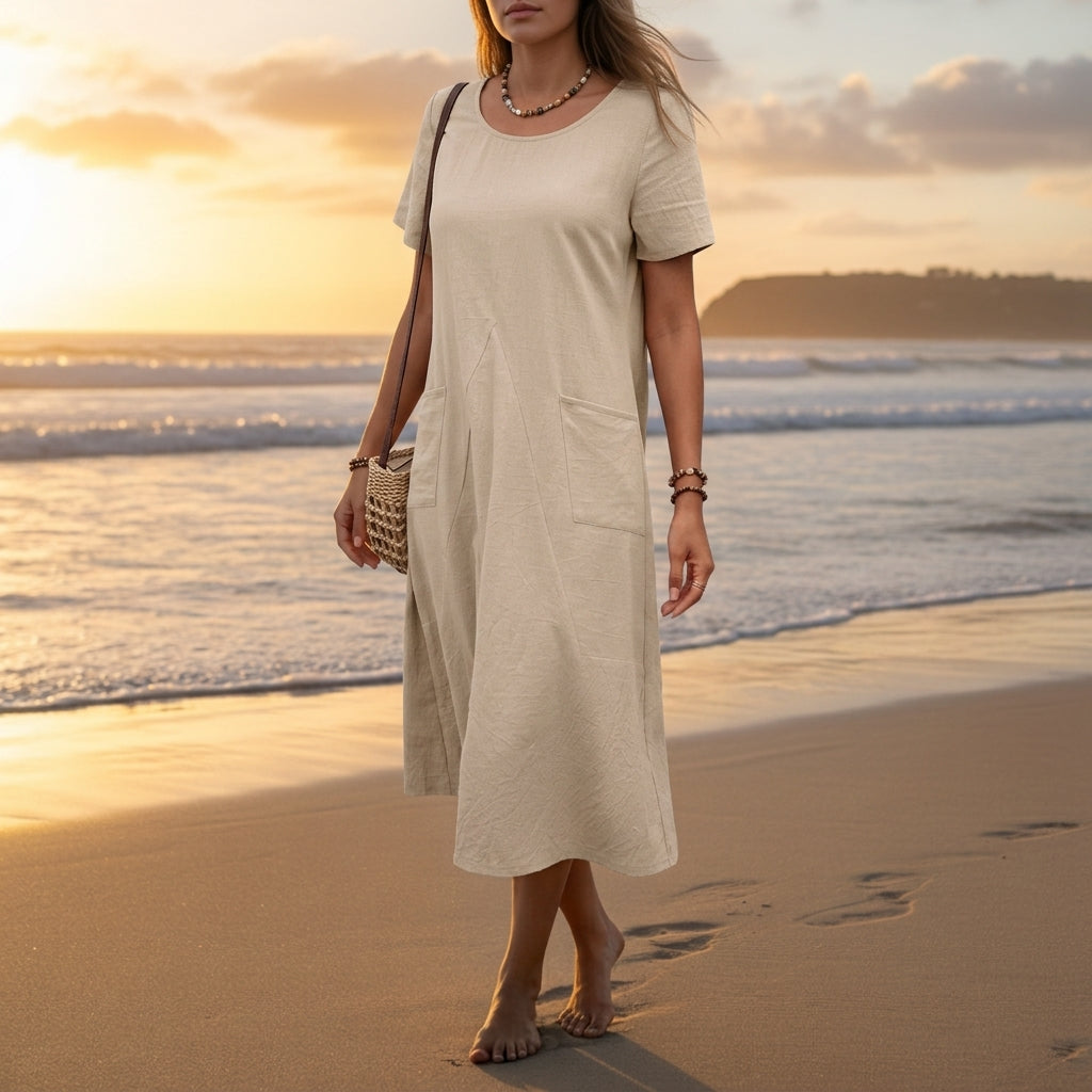 Women's Cotton Blend Panelled A-Line Midi Dress with Pockets – Maren