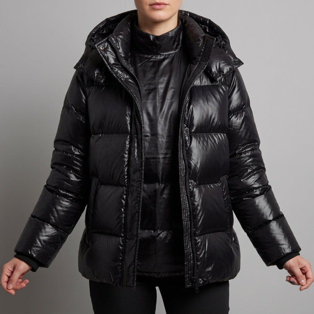 Glossy Hooded Puffer Jacket with Zip Closure – Elara
