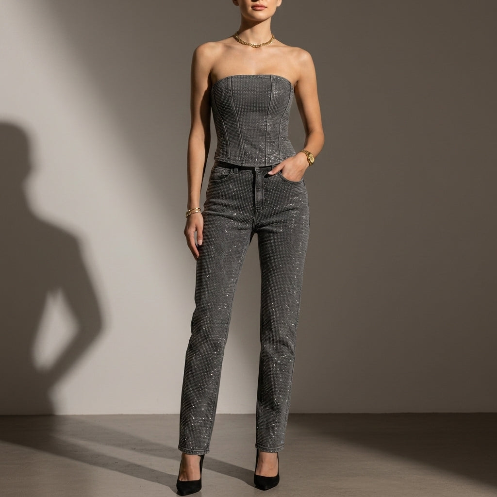Women's Glitter Jumpsuit Strapless High-Waisted Evening – Maribel