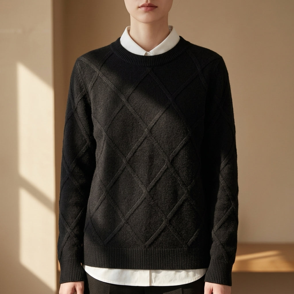 Argyle Crewneck Sweater Soft Blend Ribbed Trim – Elara
