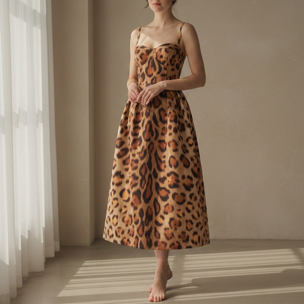 Women's Leopard Midi Dress Bustier Bodice Sleeveless – Celeste