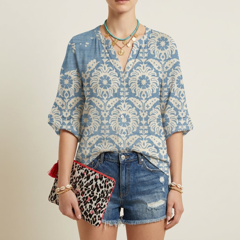 Women's Floral Button-Up Blouse V-Neck 3/4 Sleeves – Marielle
