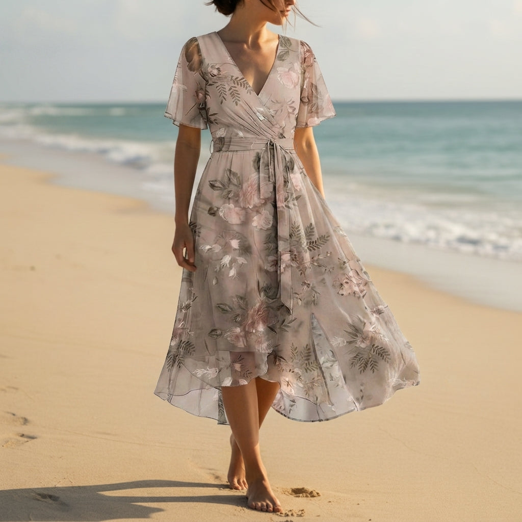 Women's Floral Wrap Midi Dress Chiffon Blend Flutter Sleeves – Elise