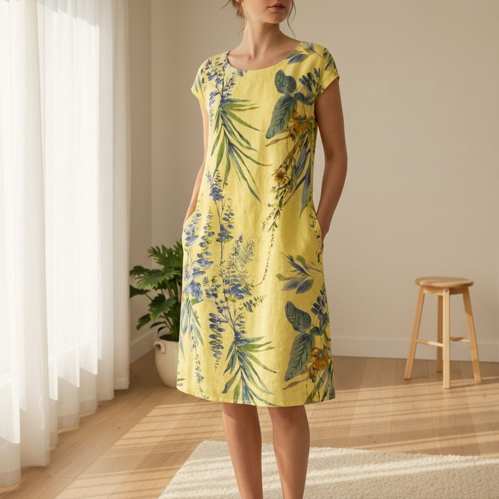Women's Botanical Print Midi Dress Cap Sleeve Relaxed Fit – Elara