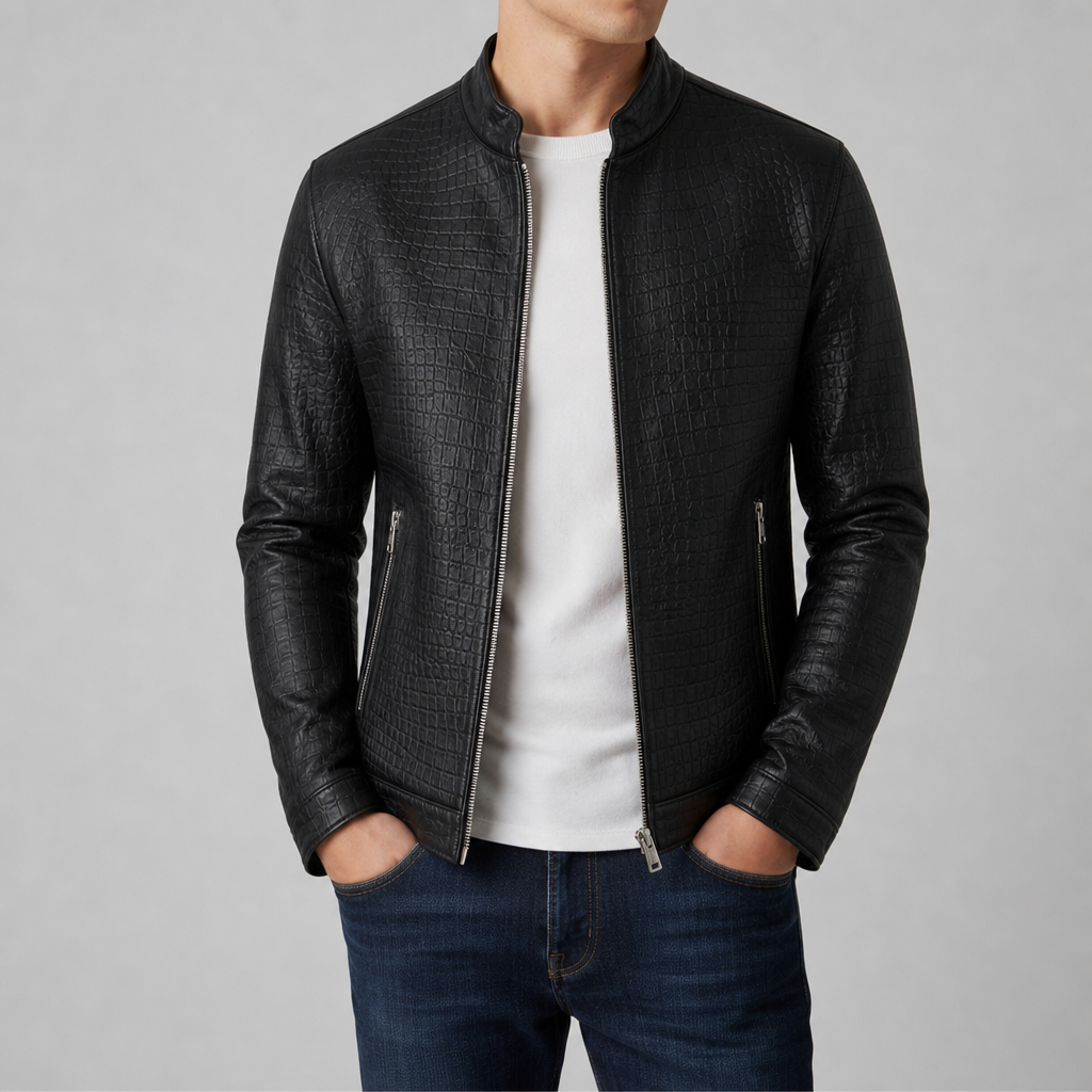 Croc Embossed Faux Leather Slim Jacket for Women – Elara