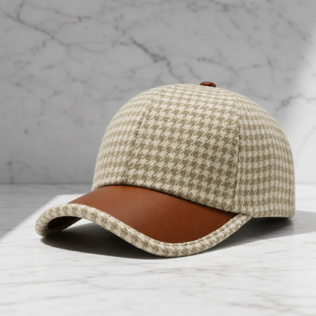 Houndstooth Wool Blend Leather Trim Cap – Marlowe