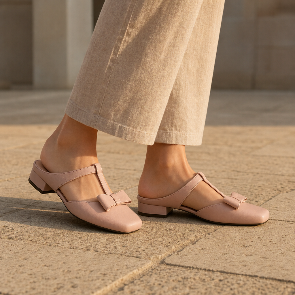Women's T-Strap Mule Faux Leather Bow Detail – Marielle