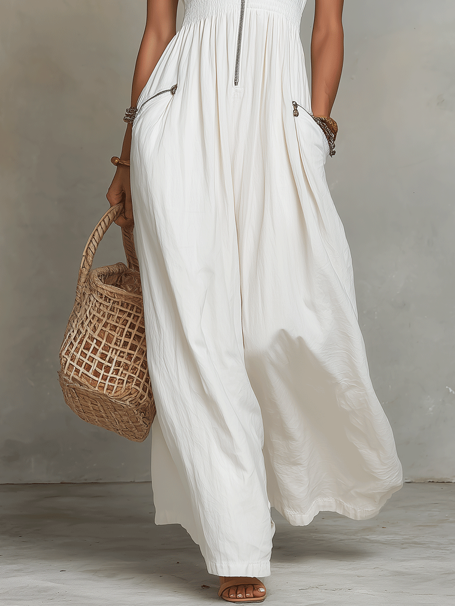 Robe maxi bohème avec fermeture éclair blanche à l'avant