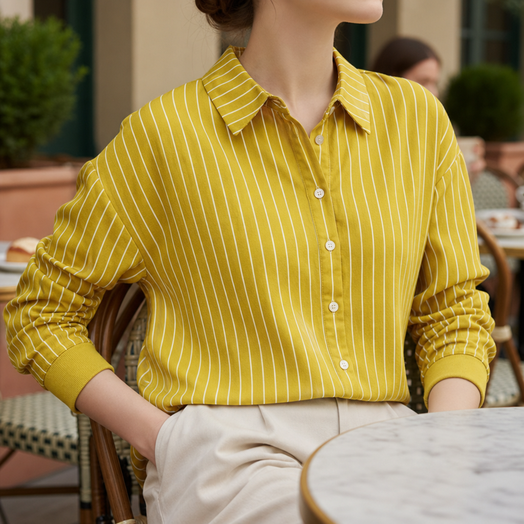 Striped Button-Up Blouse Long Sleeve Half-Placket – Maren