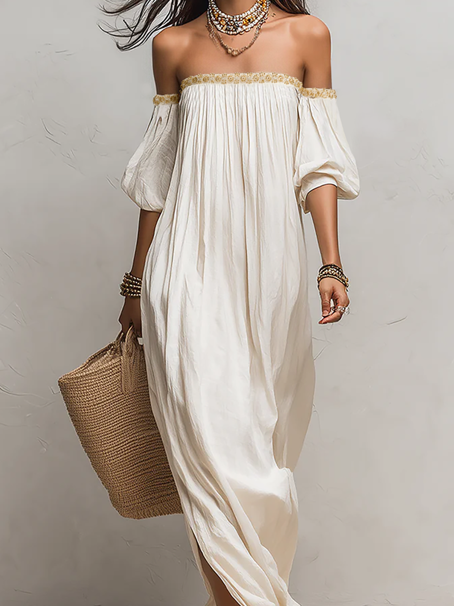 Robe maxi bohème ivoire plissée épaules dénudées