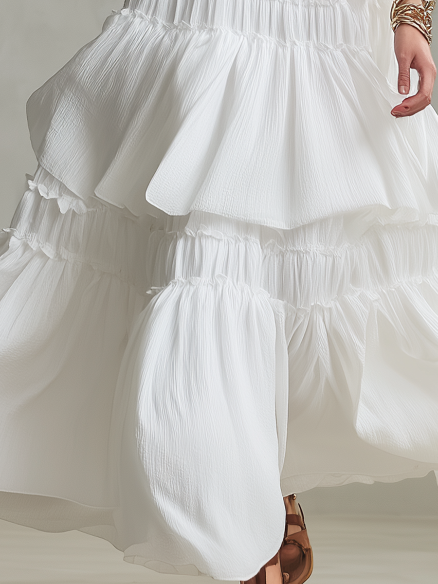 Robe maxi bohème légère à col montant et volants superposés