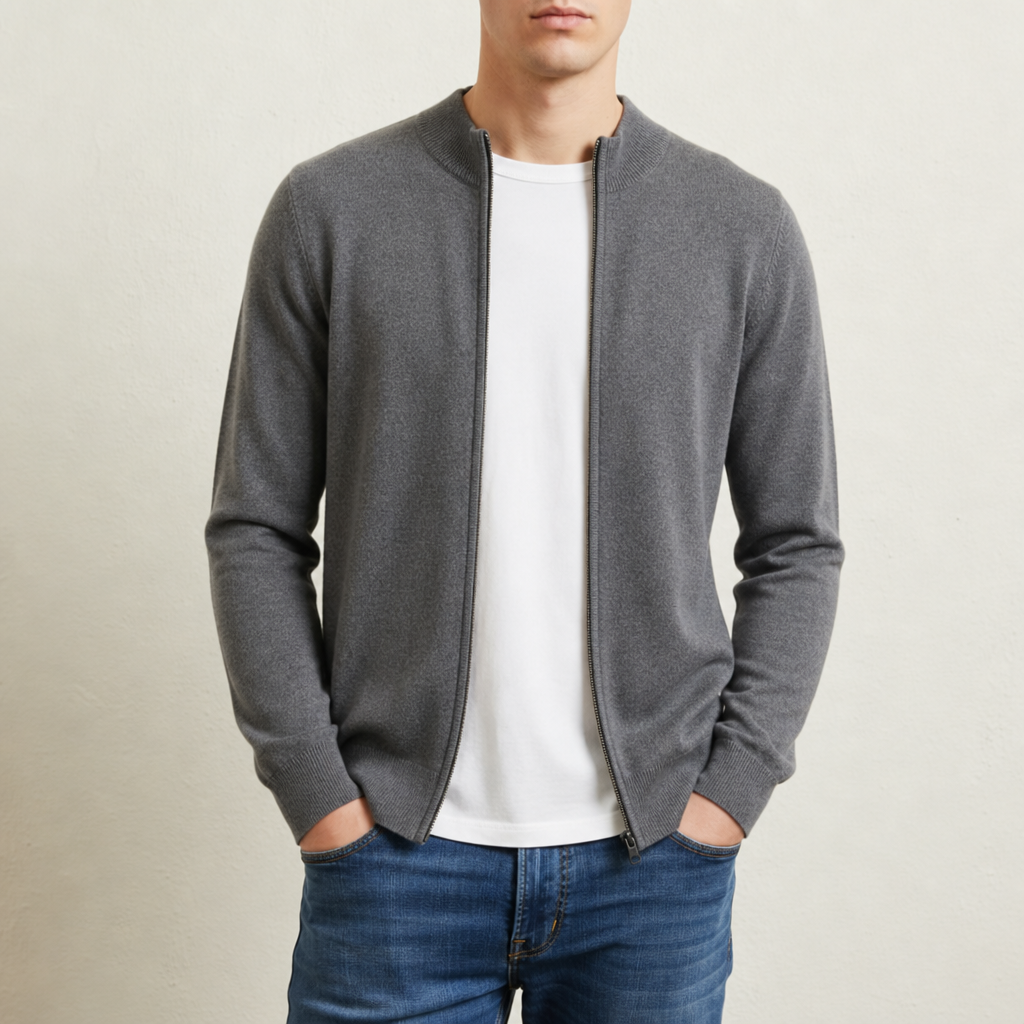 Cashmere Blend Zip Cardigan Lightweight Ribbed Knit – Elara