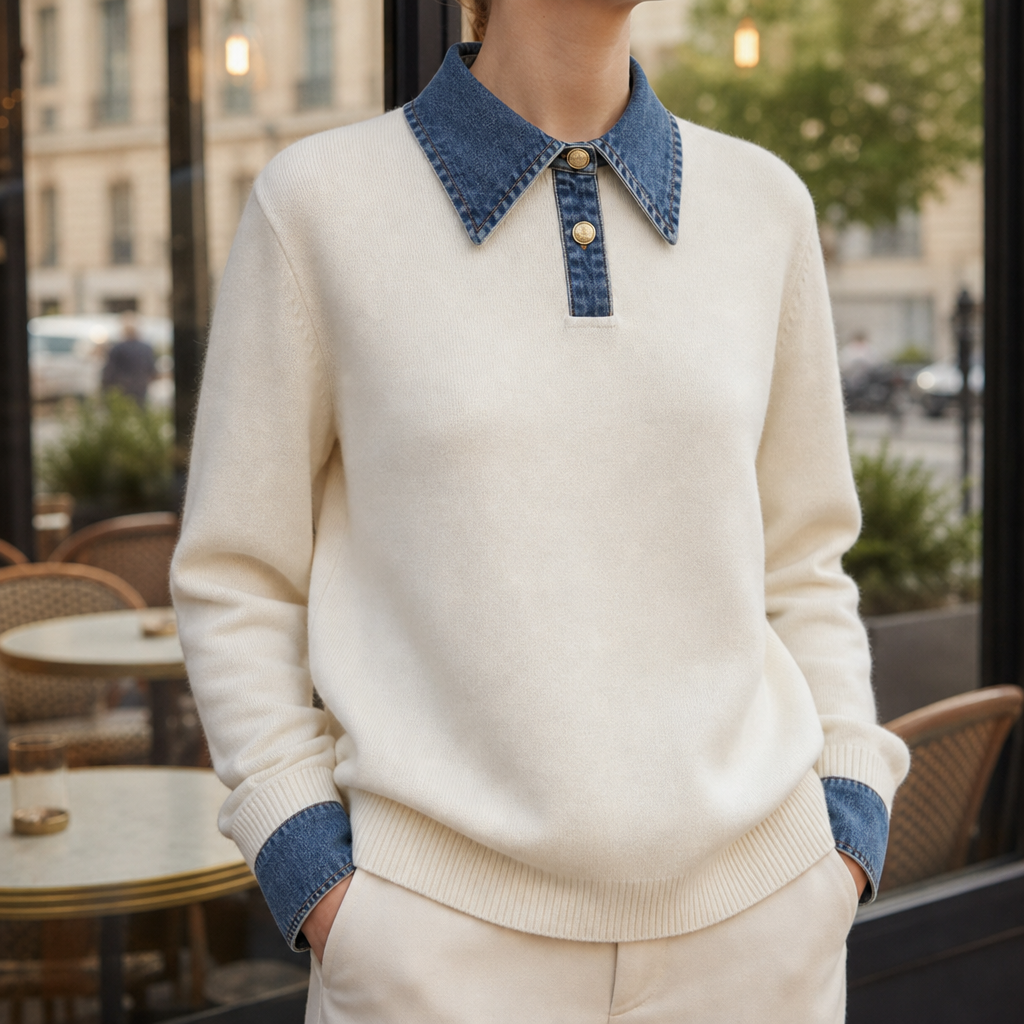 Women's Denim Collar Knit Sweater Relaxed Stretch Fit – Celeste