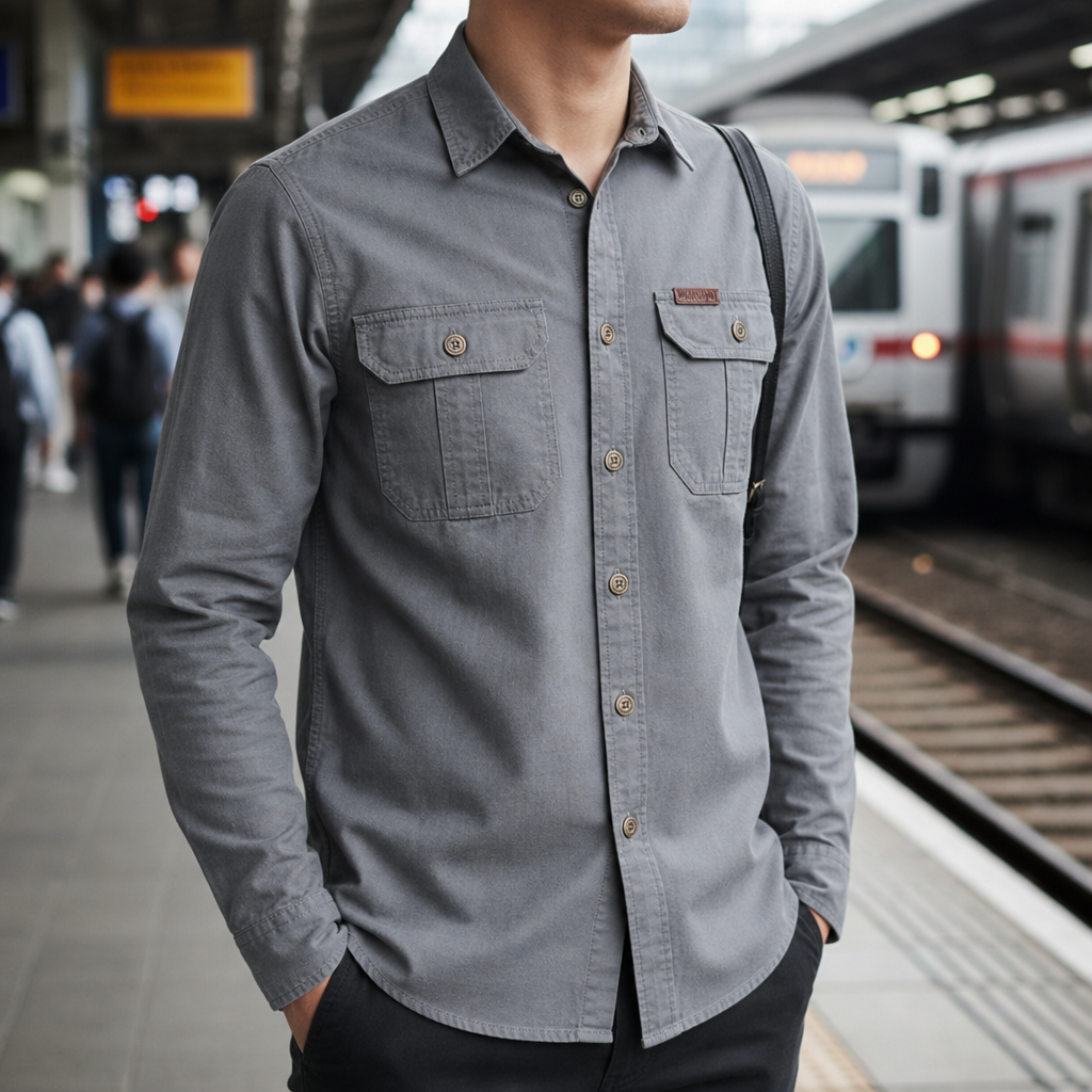 Men's Cotton Blend Long Sleeve Shirt Regular Fit Chest Pockets – Rowan