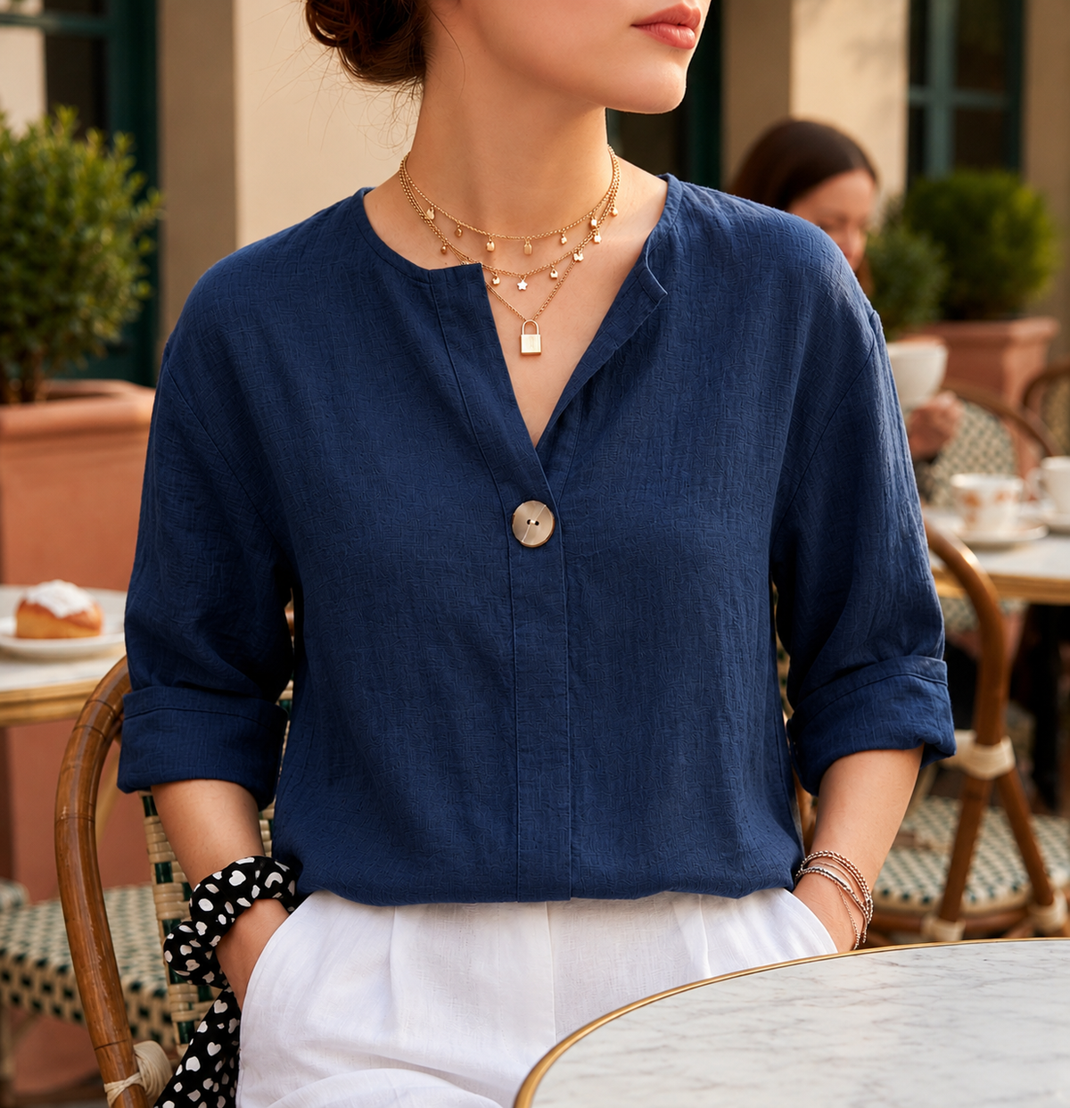 Women's Linen Blend V-Neck Blouse Relaxed Fit – Celeste