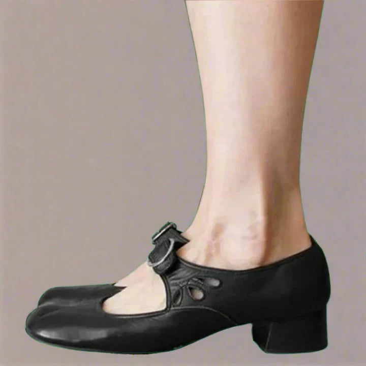 Women's Leather Sandals Cushioned Low Heel Buckle Strap – Celeste
