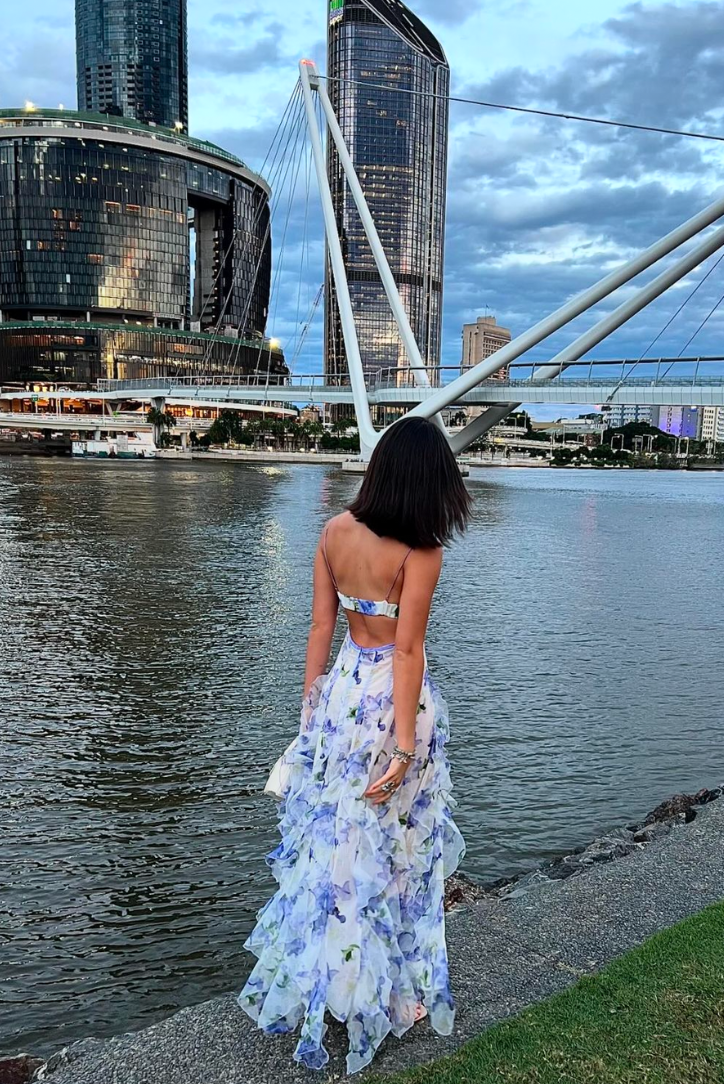 Maisie Floral Maxi Dress with Adjustable Straps, Sheer Fabric, and Ruffle Details