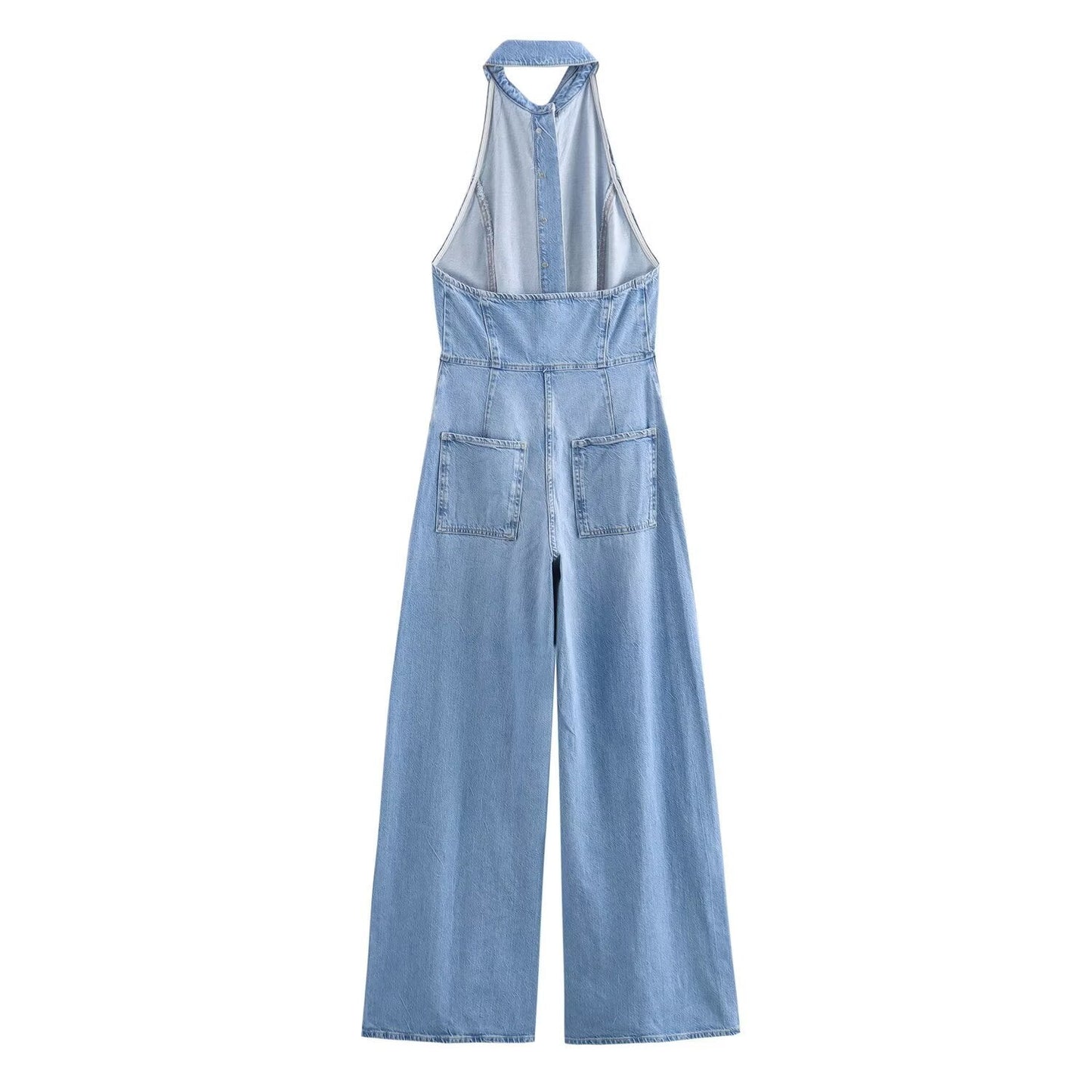Combinaison en jean à jambes larges et col halter