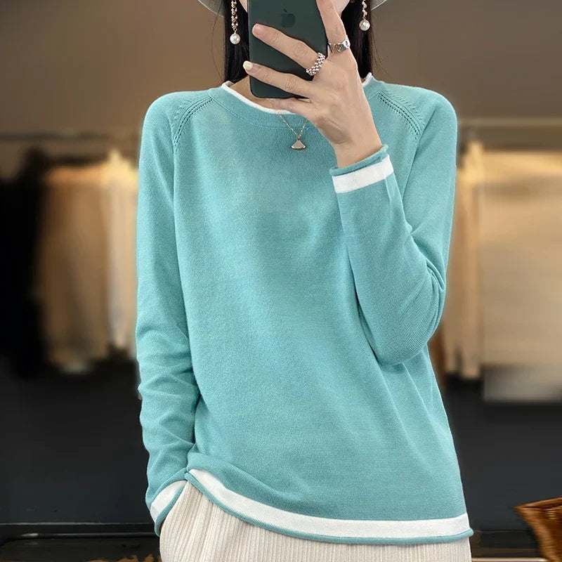 Colour Block Cotton Blend Sweater Loose Fit Round Neck – Mira