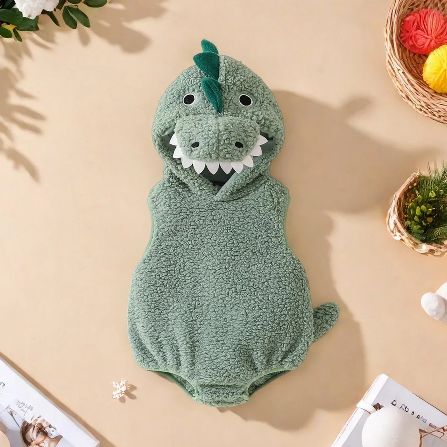 Plush Baby Dinosaur Halloween Costume Romper with Hood Sleeveless Design for Kids' Festive Fun