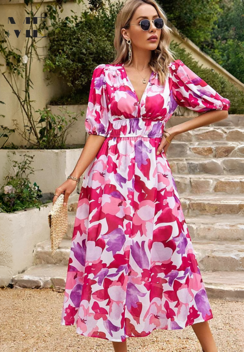Monica Elegant Floral Midi Dress with Puff Sleeves Lightweight Style
