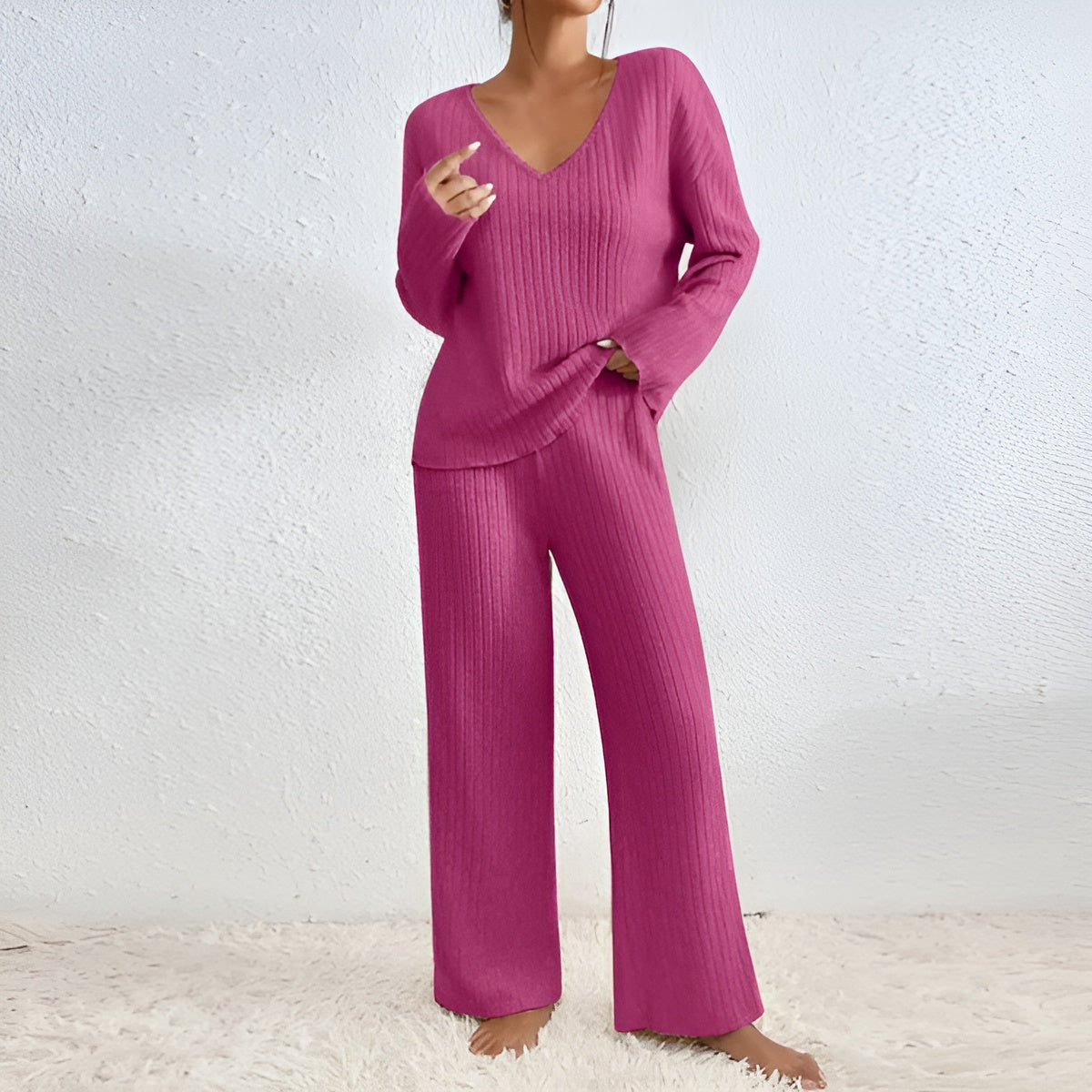 Wilma Ribbed V-Neck Sweater Set Comfortable Stylish Layering