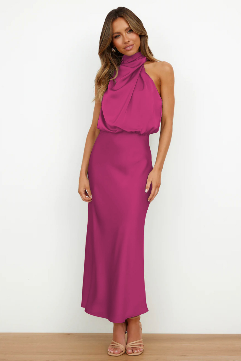Elegant Satin Halter A Line Midi Dress