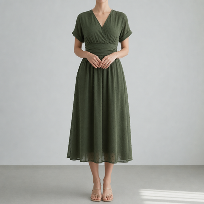 Women's Swiss Dot Wrap Midi Dress Pleated Waist V-Neck – Maren