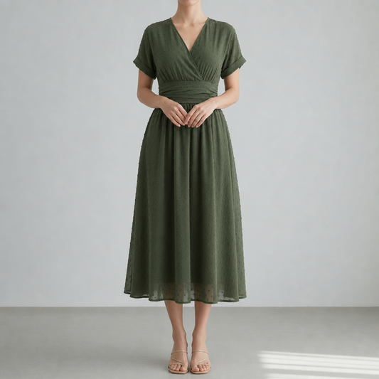 Women's Swiss Dot Wrap Midi Dress Pleated Waist V-Neck – Maren
