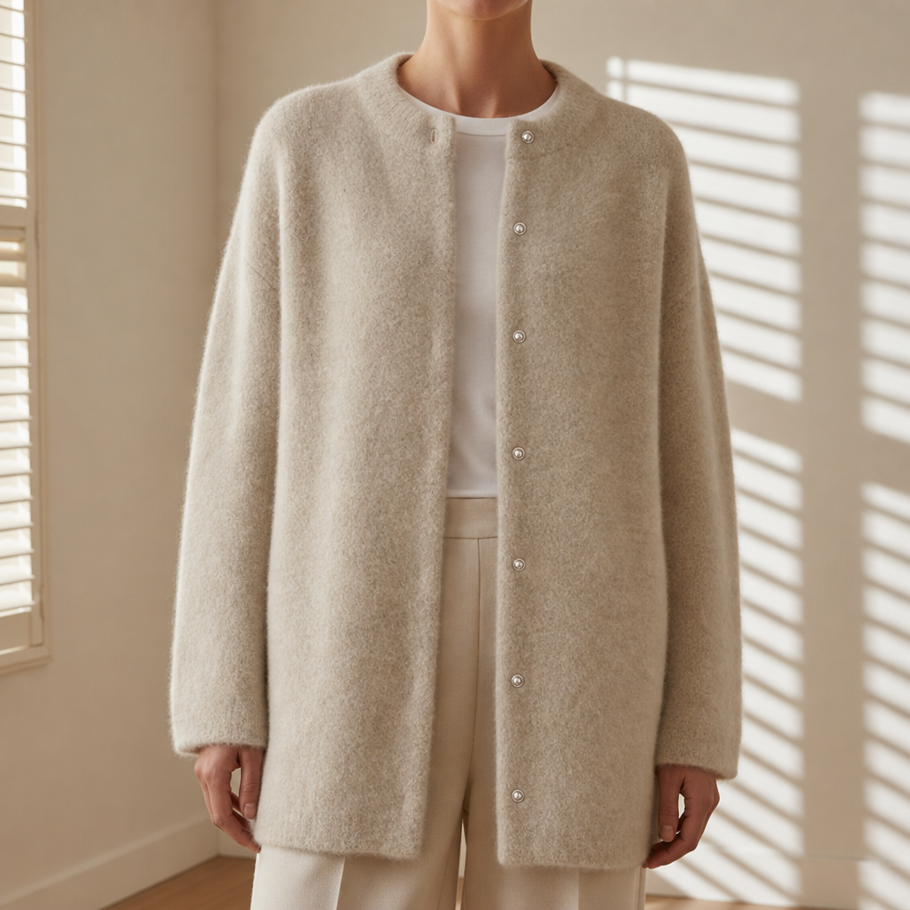 Oversized Wool Cardigan With Suede Accents Relaxed Open Front – Elara